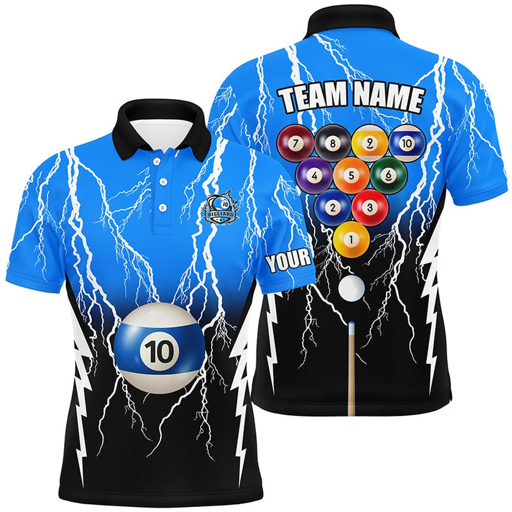 10 Ball Pool Custom Black Blue Lightning Thunder Polo Shirts, 10 Ball Billiard Apparel Clothing, Billiard Team Polo Shirts