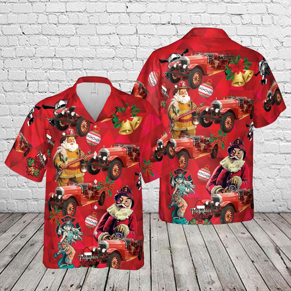 1927 American LaFrance Type 145 Firetruck Christmas Hawaiian Shirt, Xmas Hawaiian Shirts, Christmas Aloha Shirts