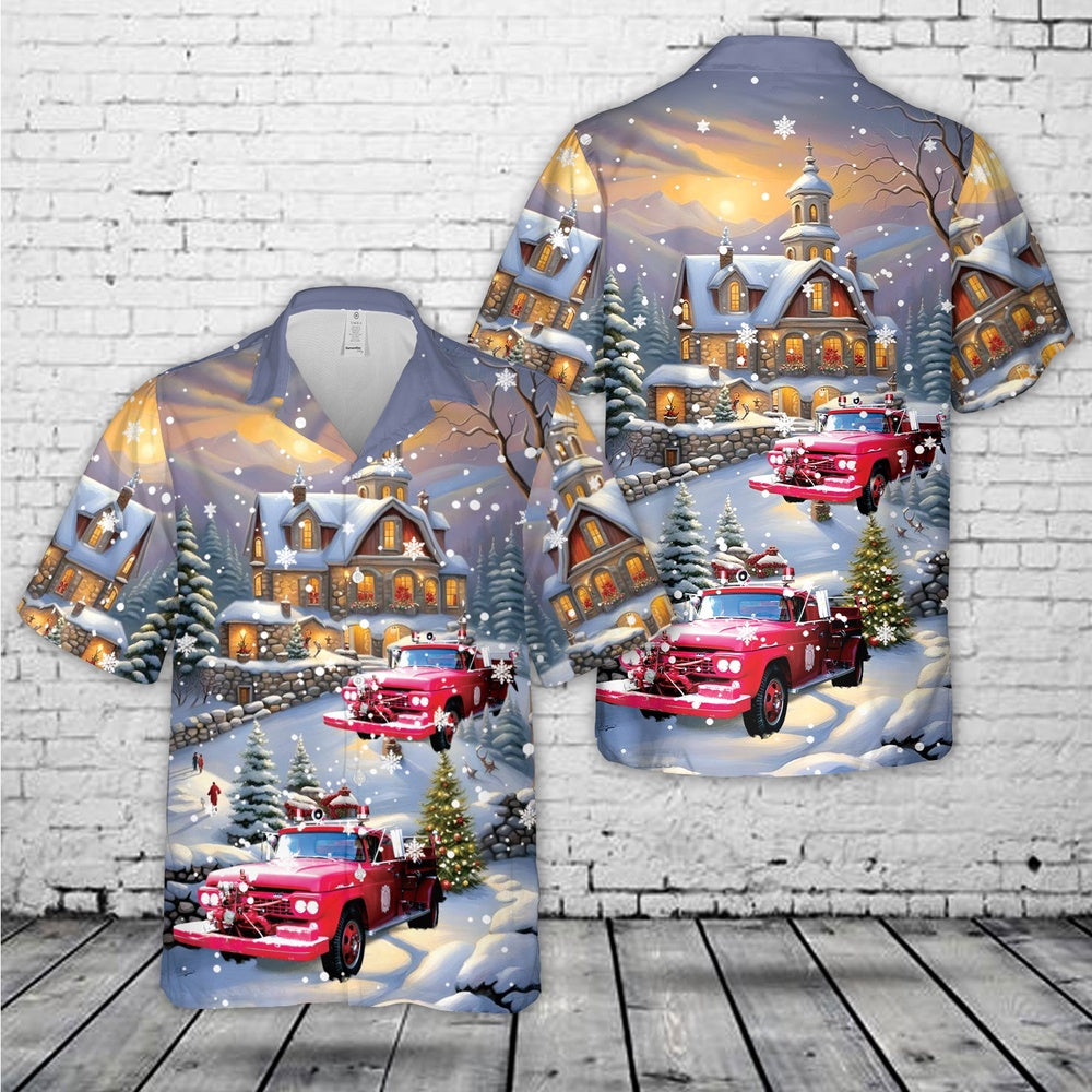 1958 American Fire Ford F600 Pumper Christmas Hawaiian Shirt, Xmas Hawaiian Shirts, Christmas Aloha Shirts
