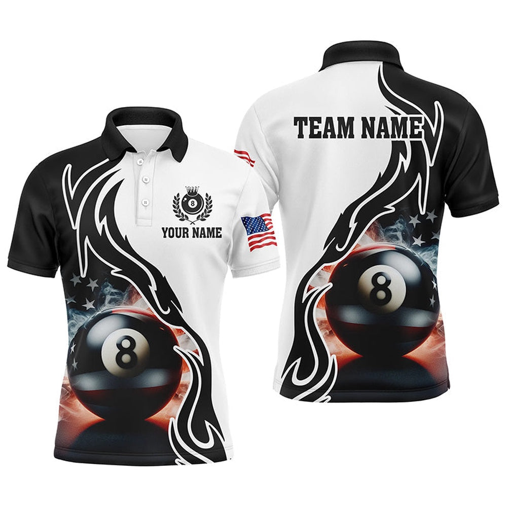 3D 8 Ball Pool Smoke US Flag Personalized Billiard Polo Shirts, Patriotic Shirts For Pooler, Billiard Team Polo Shirts