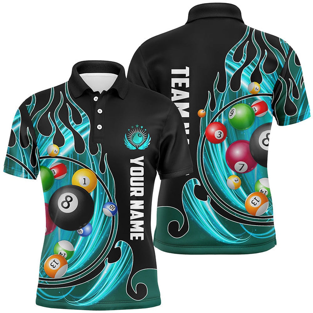3D Billiard Balls Fire Flame Custom Pool Shirts, Billiard League Team Polo Cyan, Billiard Team Polo Shirts