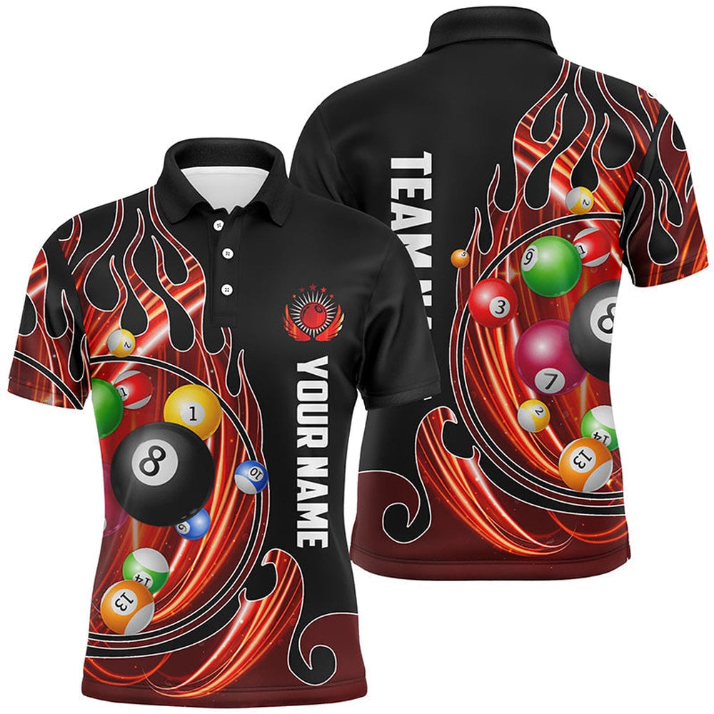 3D Billiard Balls Fire Flame Custom Pool Shirts, Billiard League Team Polo Orange, Billiard Team Polo Shirts