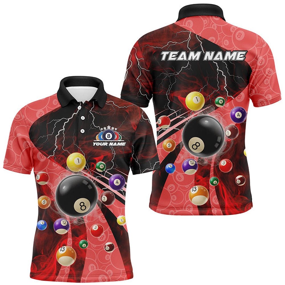 3D Billiard Balls Pool Shirts Customized Lightning Billiard Polo Shorts Sleeve Red, Billiard Team Polo Shirts