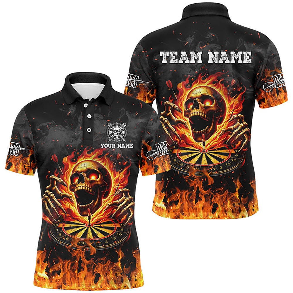 3D Fire Skull Flame Dartboard Short Sleeves Polo Shirts Custom Darts Shirts For Men, Darts Team Polo Shirt