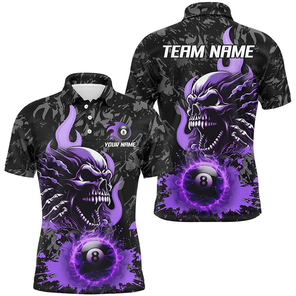 3D Purple 8 Ball Fire Flame Custom Skull Billiard Shirts Team League Billiard Polo, Billiard Team Polo Shirts