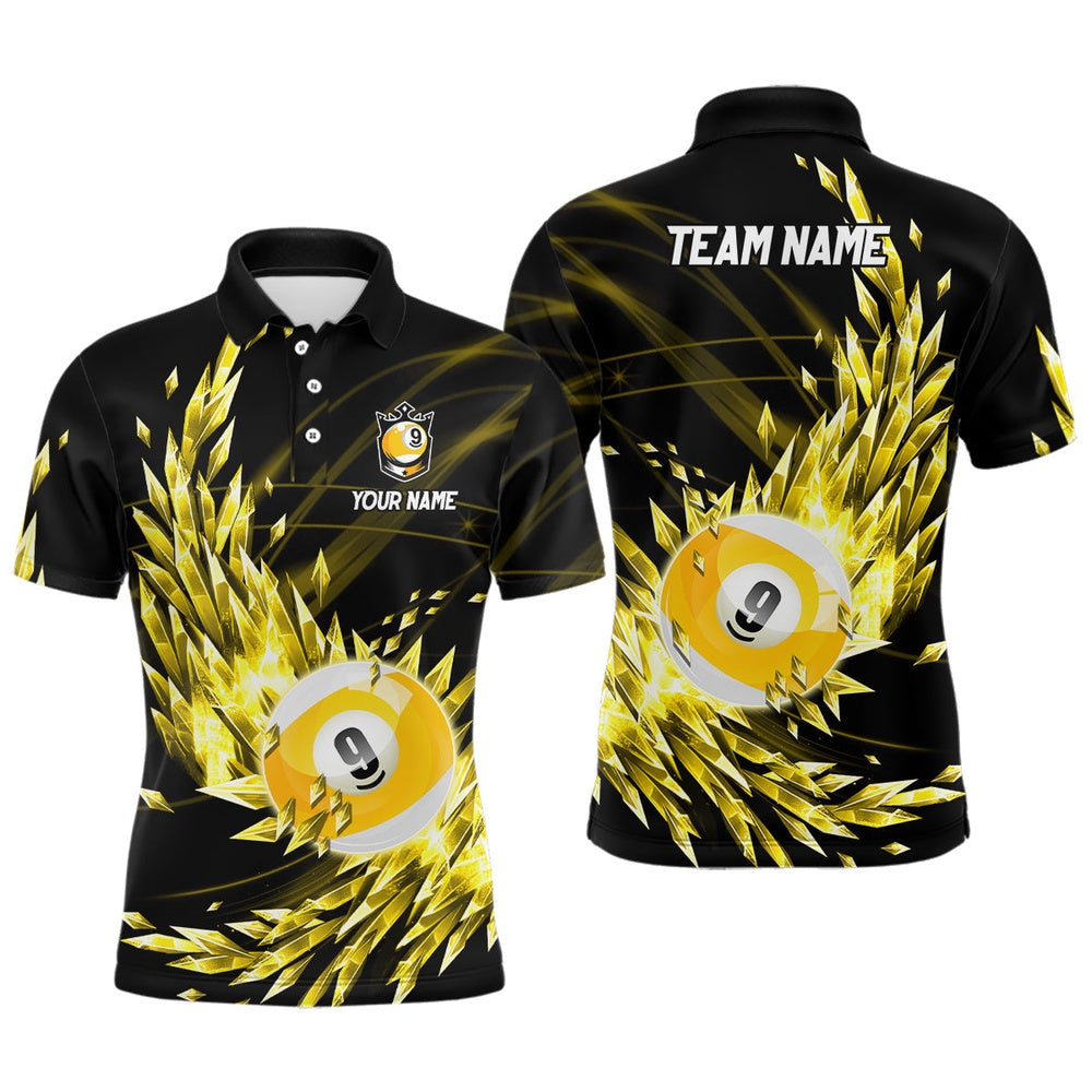 3D Yellow Frozen Ice Billiard Shirts Personalized 9 Ball Pool Billiard Attire Polo, Billiard Team Polo Shirts
