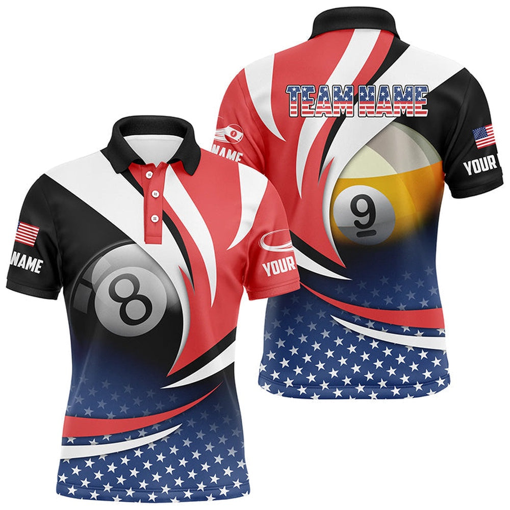 8 Ball & 9 Ball Pool Custom American Flag Billiard Shirts, Patriotic Billiard Pool Polo, Billiard Team Polo Shirts