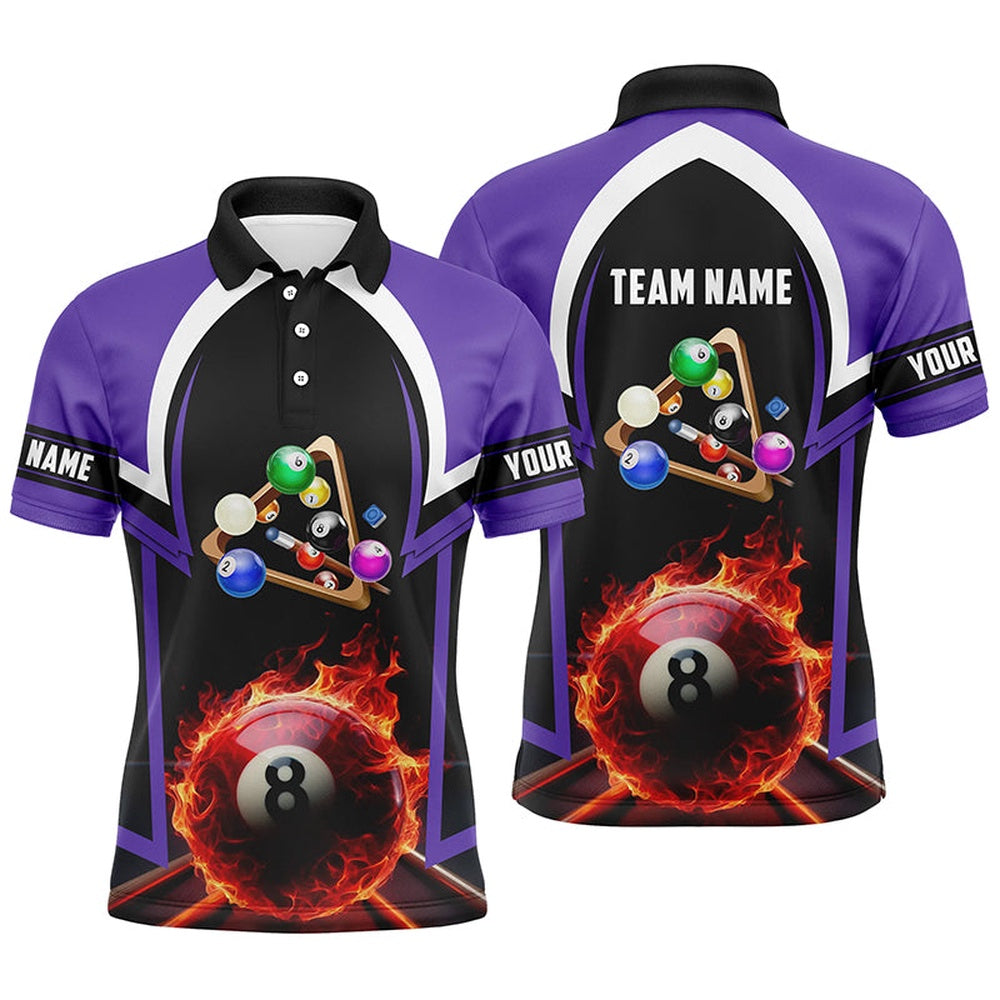 8 Ball Pool Fire 3D Personalized Purple Billiard Polo Polo Shirts Custom Pool Team Polo, Billiard Team Polo Shirts