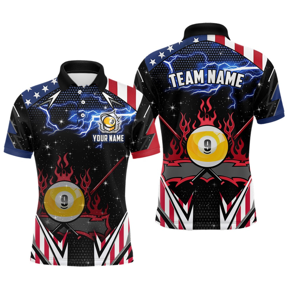 9 Ball Pool Billiard Polo Custom Lightning American Flag Billiard Shirts, 9 Ball Team Shirts, Billiard Team Polo Shirts