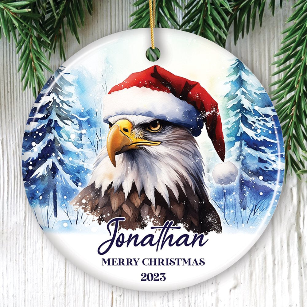 American Bald Eagle with Santa Hat Personalized Ornament, Winter Forest Christmas, Christmas Ornament, Personalized Ornaments