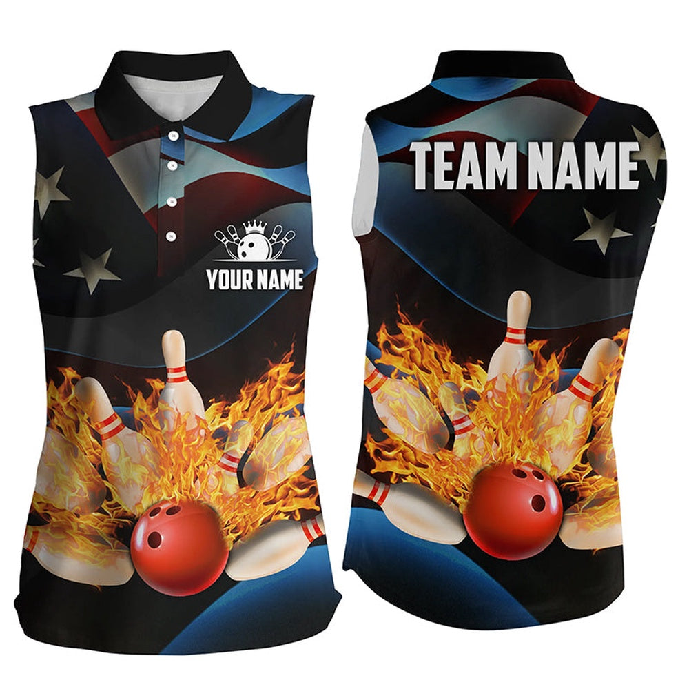 American Flag Black Flame Bowling Sleeveless Polos For Women Custom Patriotic Bowling League Polo, Women Bowling Shirts
