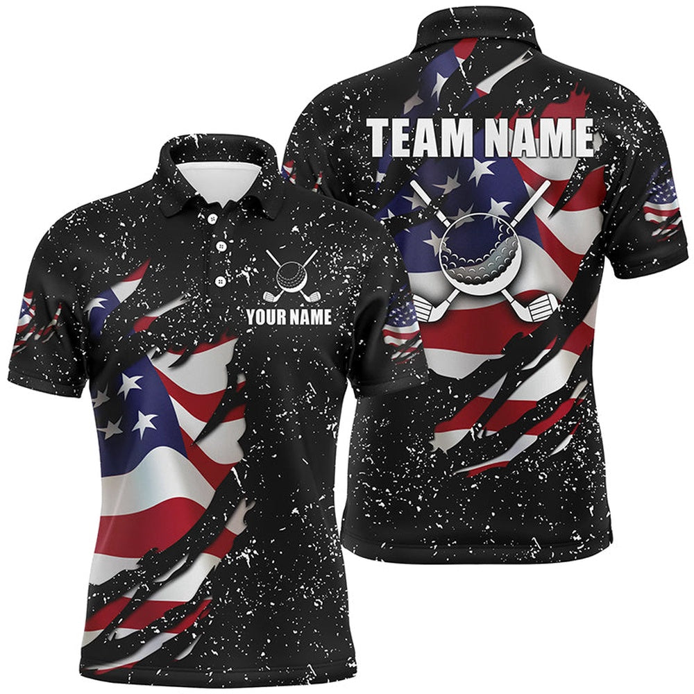 American Flag Black Grunge Pattern Golf Clubs Mens Golf Polo Shirts Custom Best Mens Golf Tops, Golf Polo Shirts