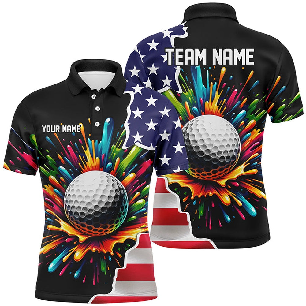 American Flag Black Mens Golf Polo Shirts Custom Colorful Paint Golf Shirts, Patriot Golf Tops, Golf Polo Shirts