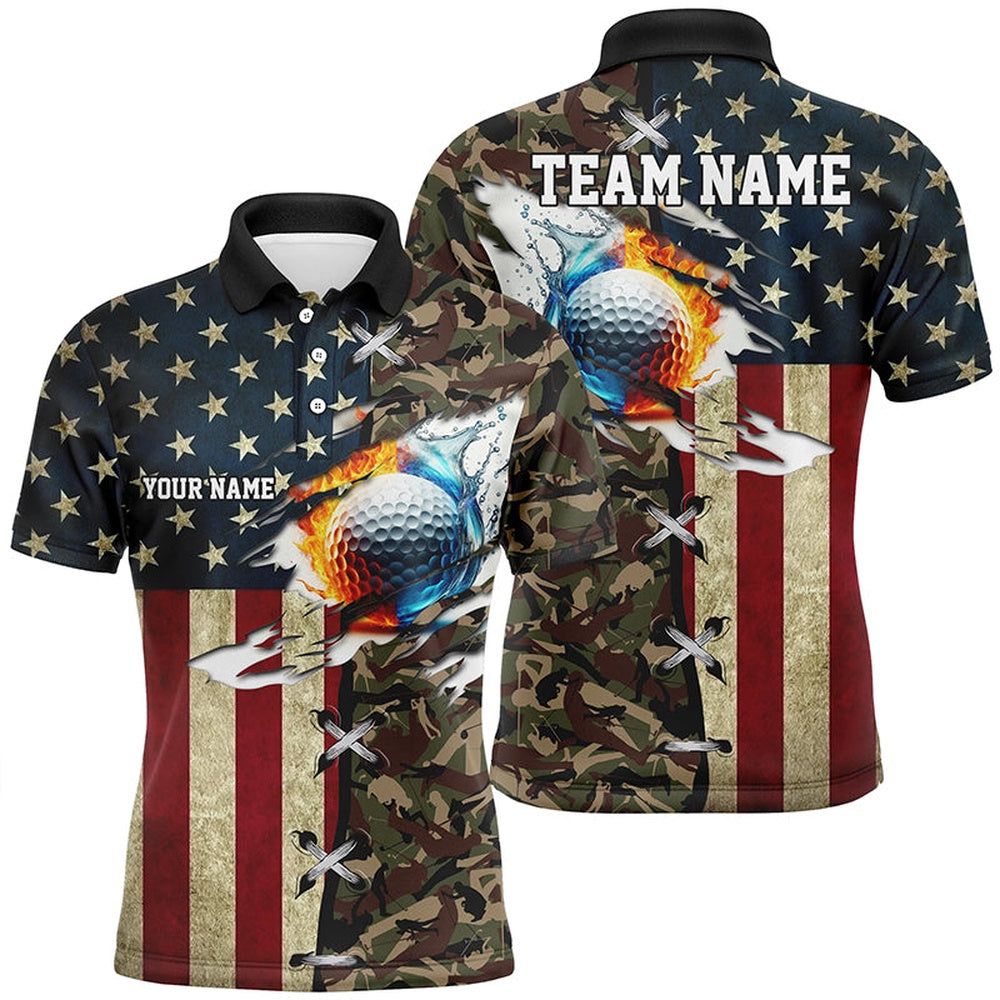 American Flag Camo Mens Golf Polo Shirts Custom Fire Water Golf Ball Team Golf Shirtss, Golf Polo Shirts