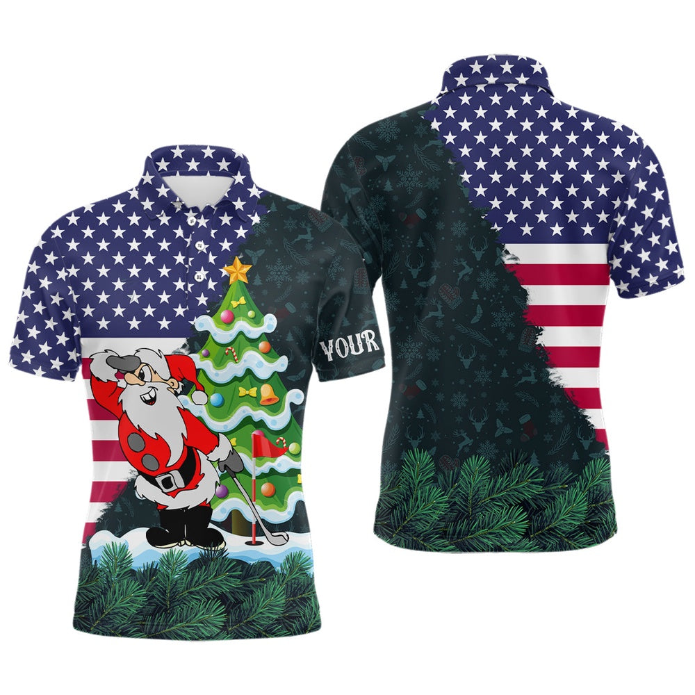 American Flag Christmas Santa Golf Pattern Custom Mens Golf Polo Shirts, Christmas Golf Apparel, Golf Polo Shirts