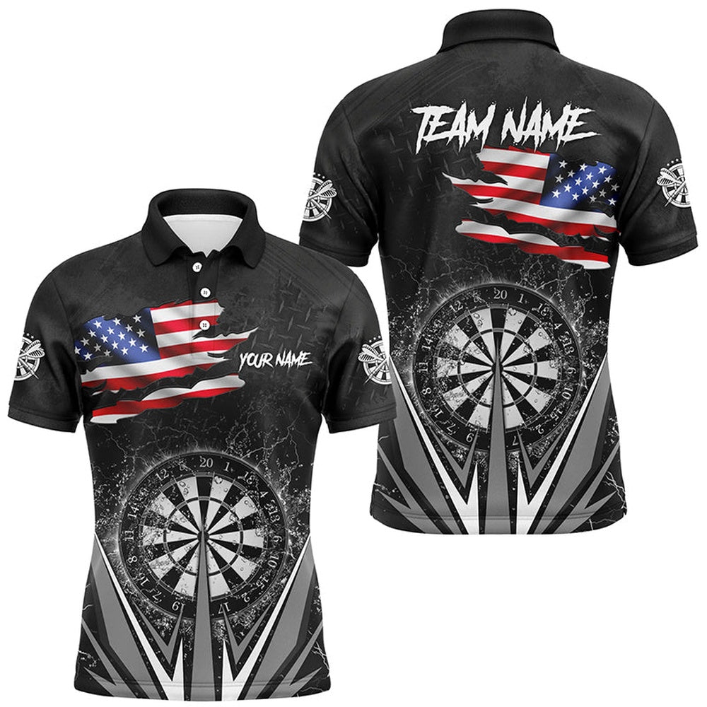American Flag Darts Polo Shirts For Men Custom Patriotic Black Darts Team Polo, Darts Team Polo Shirt