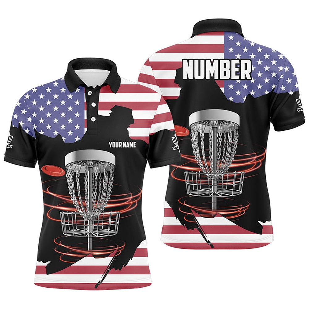 American Flag Disc Golf Basket Patriotic Men Polo Shirts Custom Name Disc Golf Topss, Golf Polo Shirts