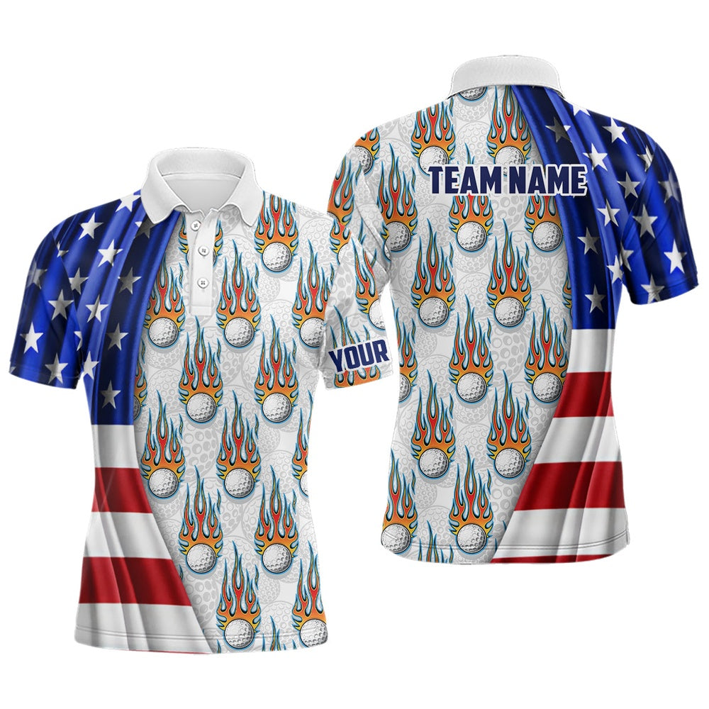 American Flag Fire Flame Mens Golf Polo Shirt Custom Patriotic Golf Tops Golf Gifts, Golf Polo Shirts