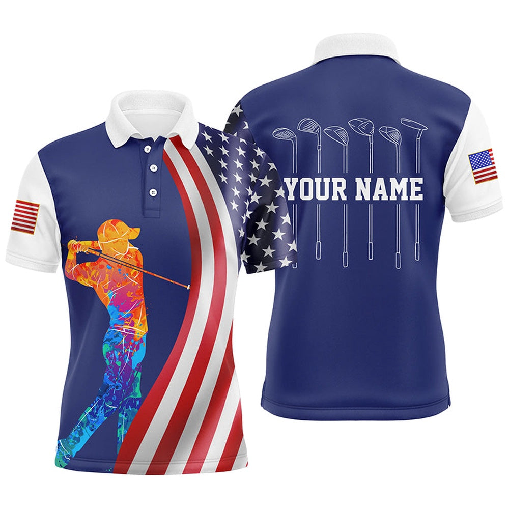 American Flag Golf Clubs Mens Golf Polo Shirt Custom Watercolor Golf Clothes, Unique Golf Gift, Golf Polo Shirts