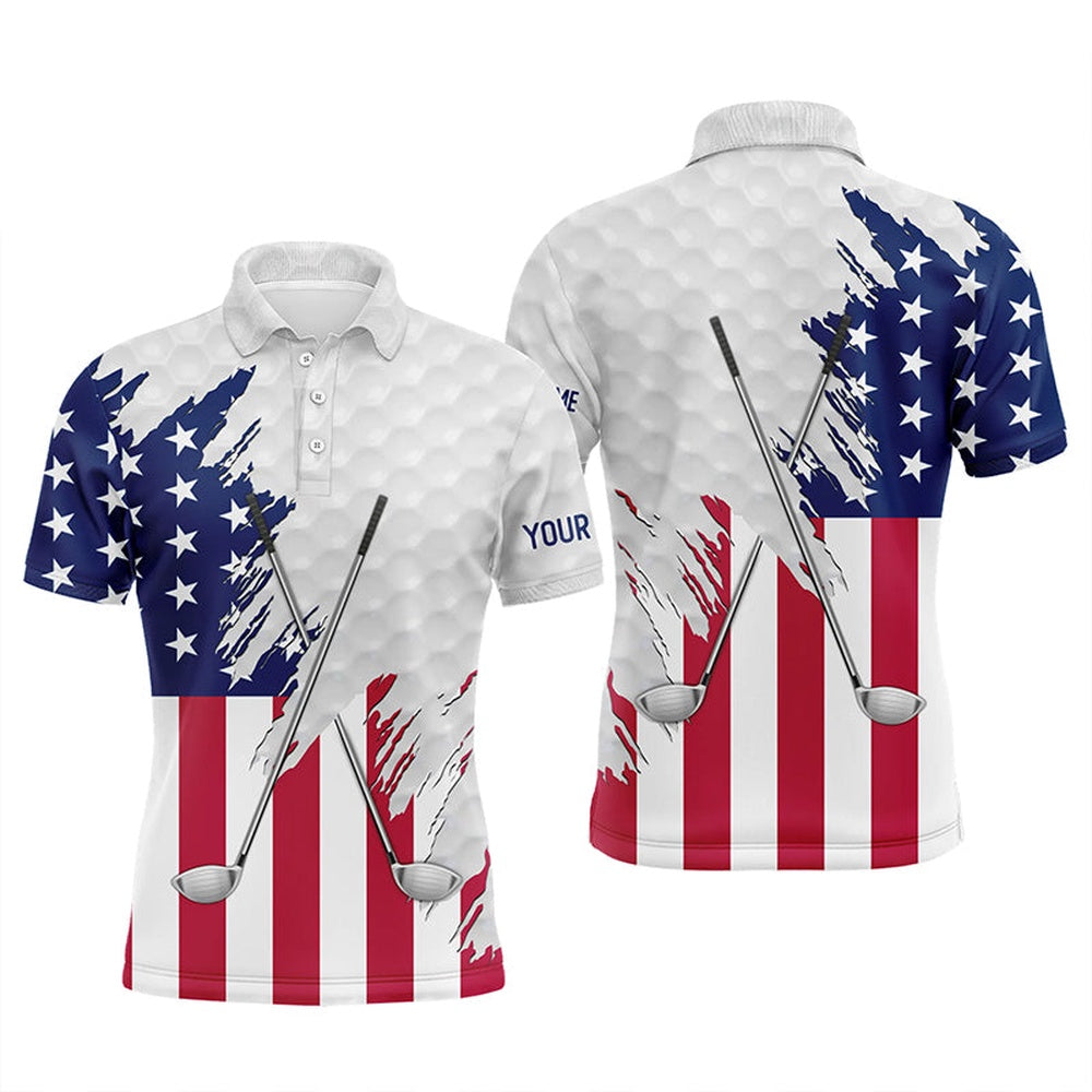 American Flag Golf Clubs Patriotic Custom Name White Mens Golf Polo Shirts, Team Mens Golf Tops, Golf Polo Shirts