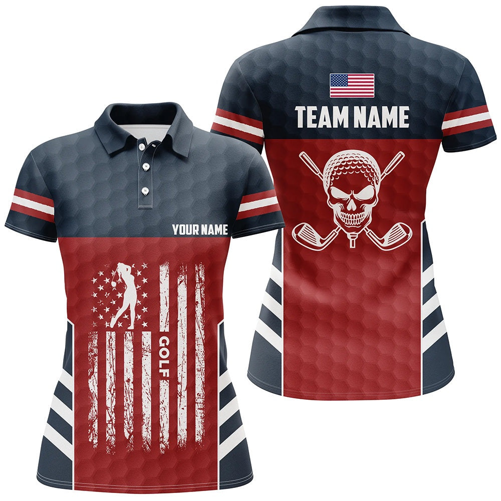 American Flag Golf Pattern Polo Shirt Custom Skull Patriotic Golf Shirts For Women Golf Gifts, Golf Polo Shirts