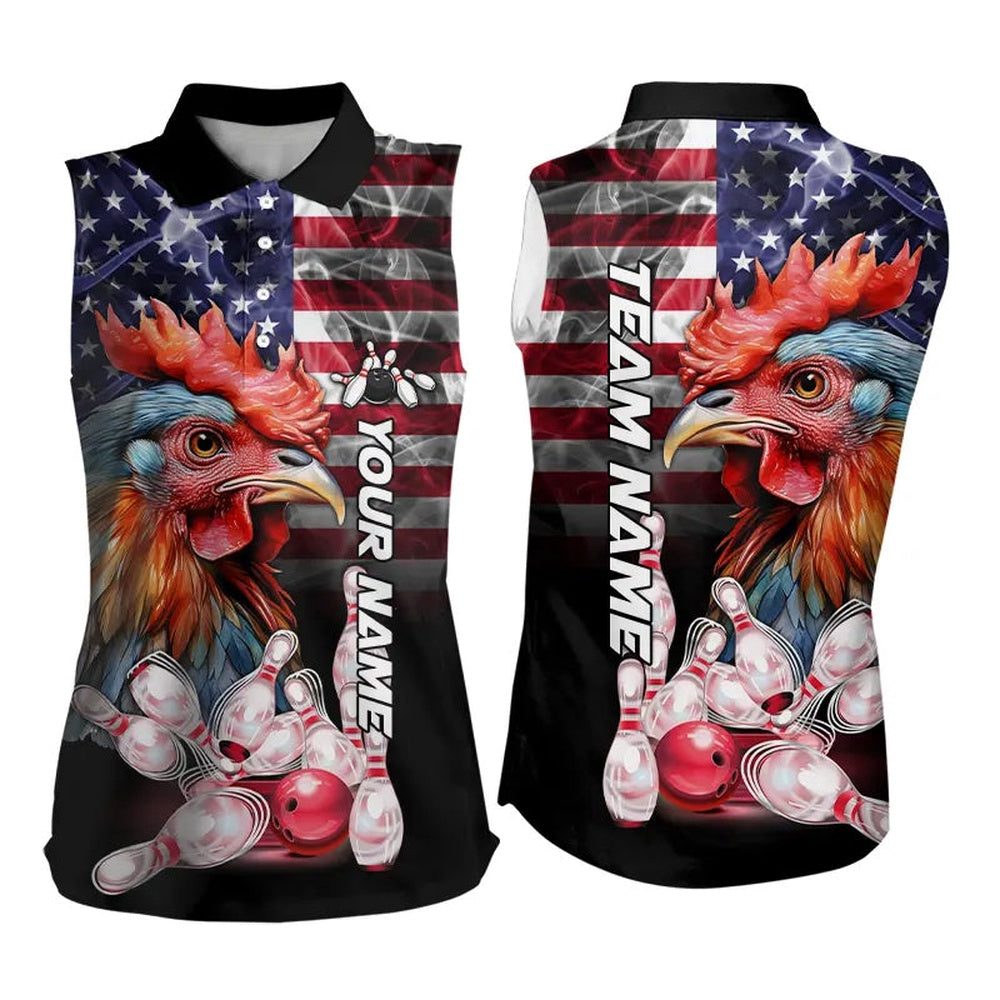 American Flag Rooster Bowling Sleeveless Polo Shirt Custom Patriotic Team Bowling Polo, Women Bowling Shirts