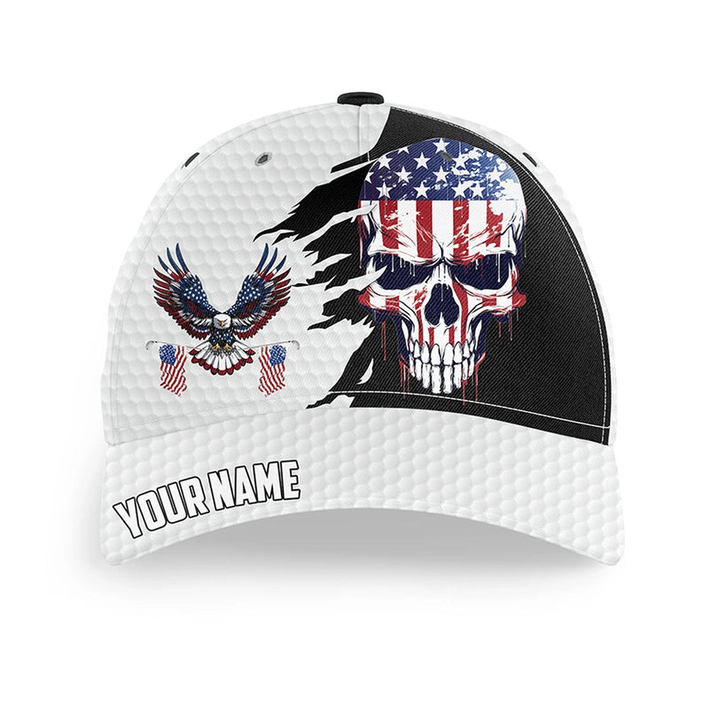American Flag Skull Eagle Golf Ball White Golfer Hat Custom Patriotic Golf Hats, Gifts For Golfers, Golf Baseball Cap