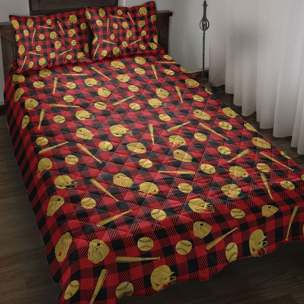 Baseball Gold Glittermas Red Buffalo Plaid Bedding Set, Christmas Beddings, Xmas Bedding Sets