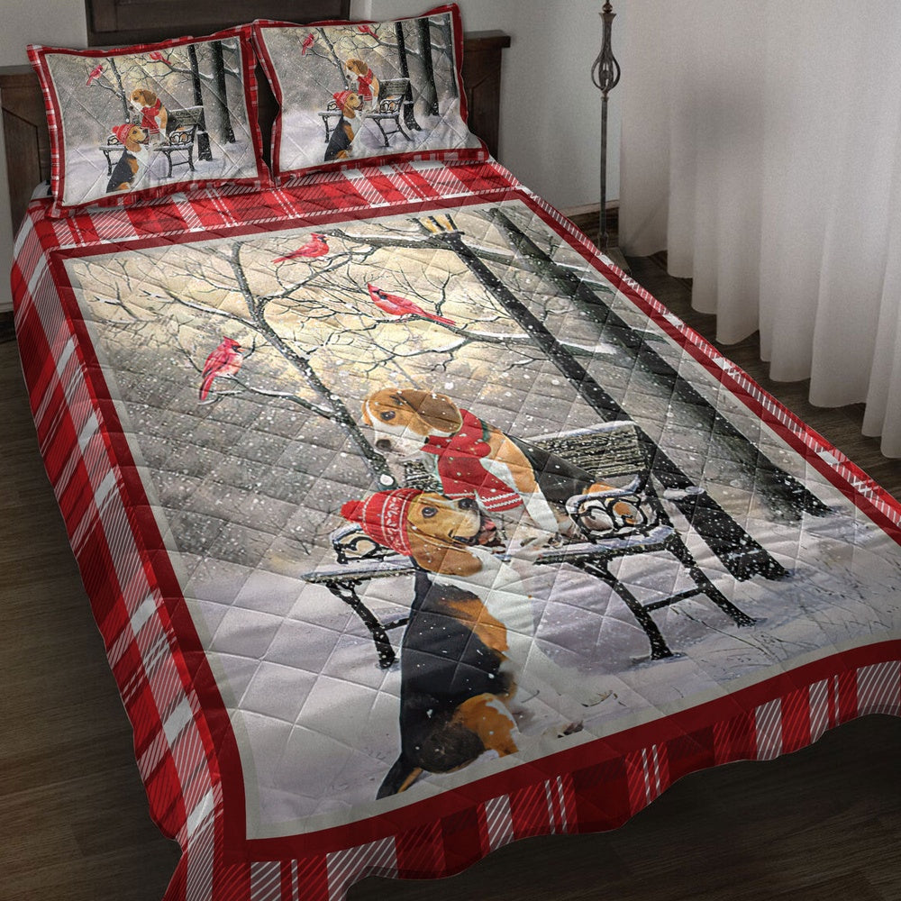 Beagle Hellomas Snowflake Winter Park Cardinal Holiday Bedding Set, Christmas Beddings, Xmas Bedding Sets