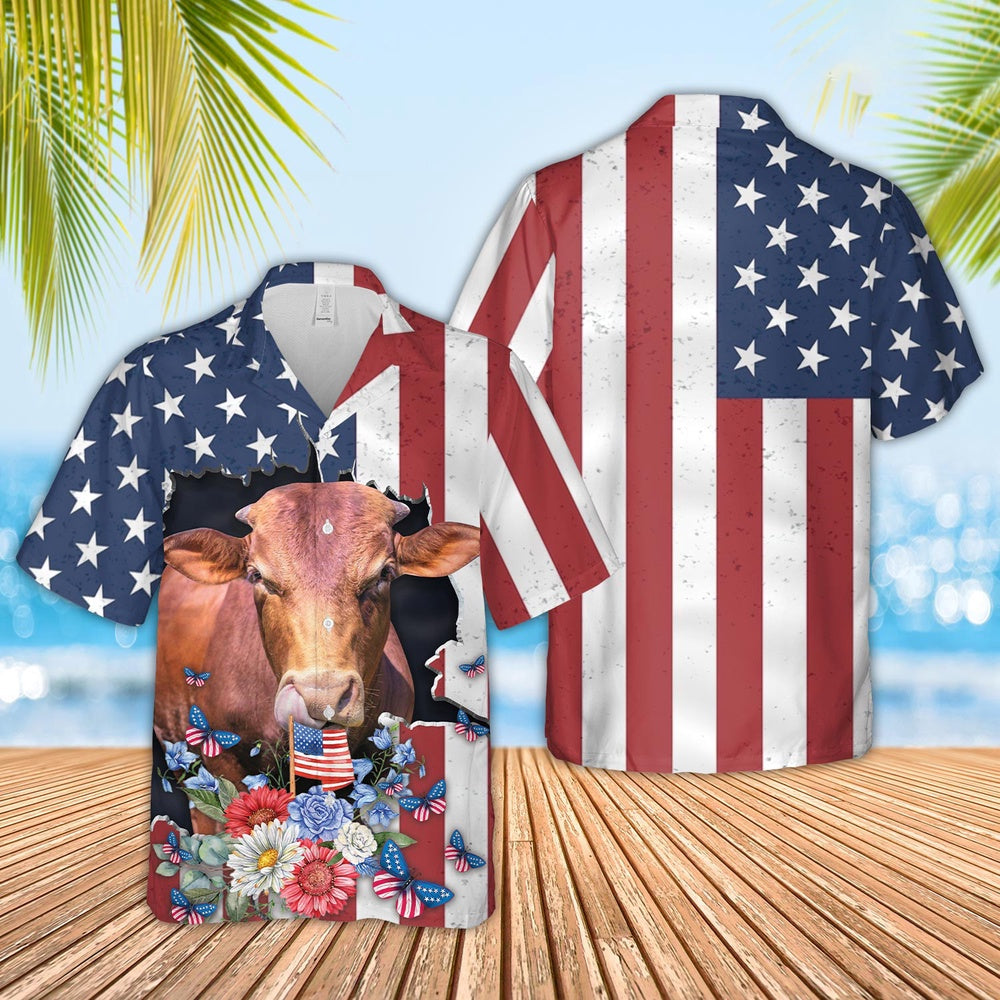 Beefmaster 4th of July Hawaiian Shirt, Farm Hawaiian Shirt, Farmer Hawaii