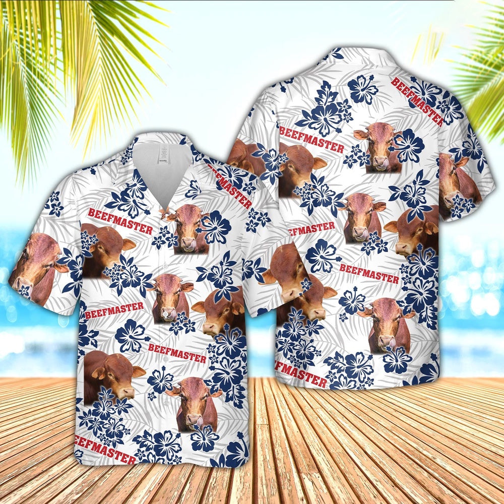 Beefmaster American White Flowers Pattern Hawaiian Shirt, Farm Hawaiian Shirt, Farmer Hawaii