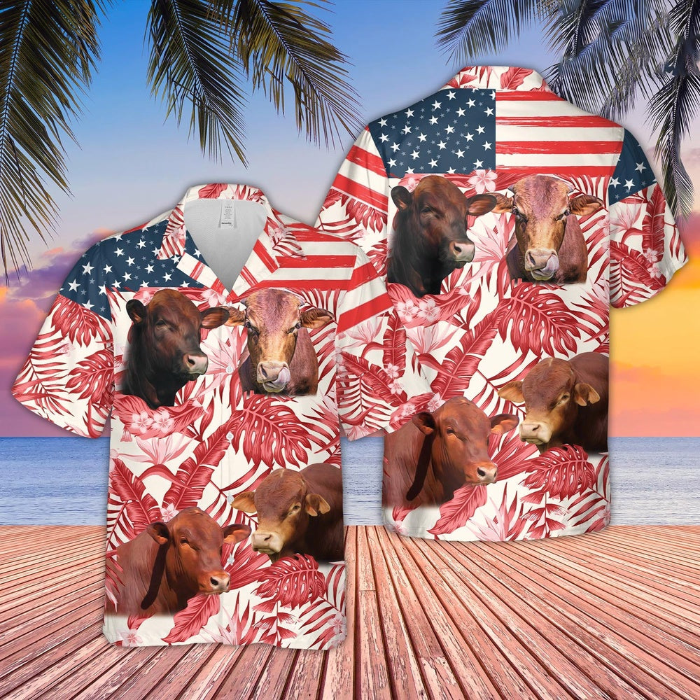 Beefmaster Red Floral US Flag Hawaiian Shirt, Farm Hawaiian Shirt, Farmer Hawaii