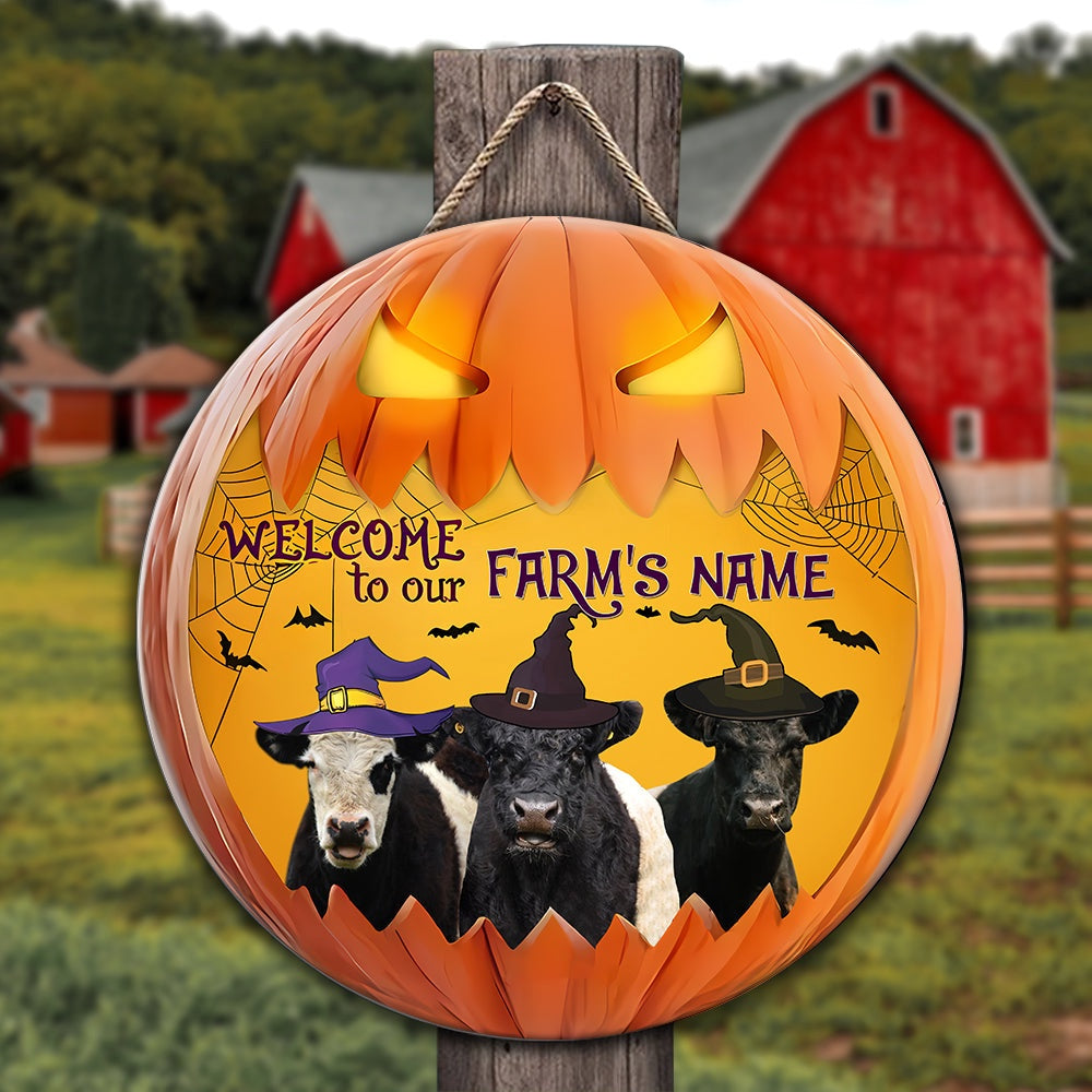 Belted Galloway Welcome To Our Farm Pumpkin Pattern Happy Halloween Wooden Sign, Farm Wood Sign, Farm House Wood Signs