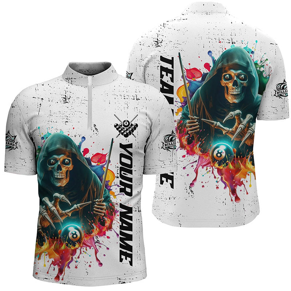 Billiard Skeleton Colorful Grunge Style Customized Jersey Shirt, Billiard Attire, Billiard Team Jersey Shirt
