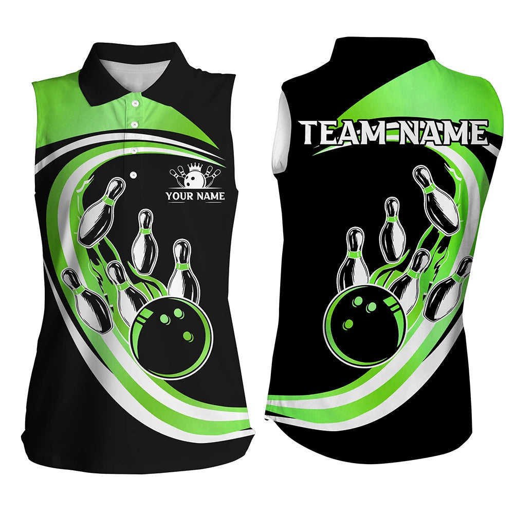 Black And Green Bowling Sleeveless Polo Shirt Custom Bowling Team League Polo, Gift For Bowlers, Women Bowling Shirts