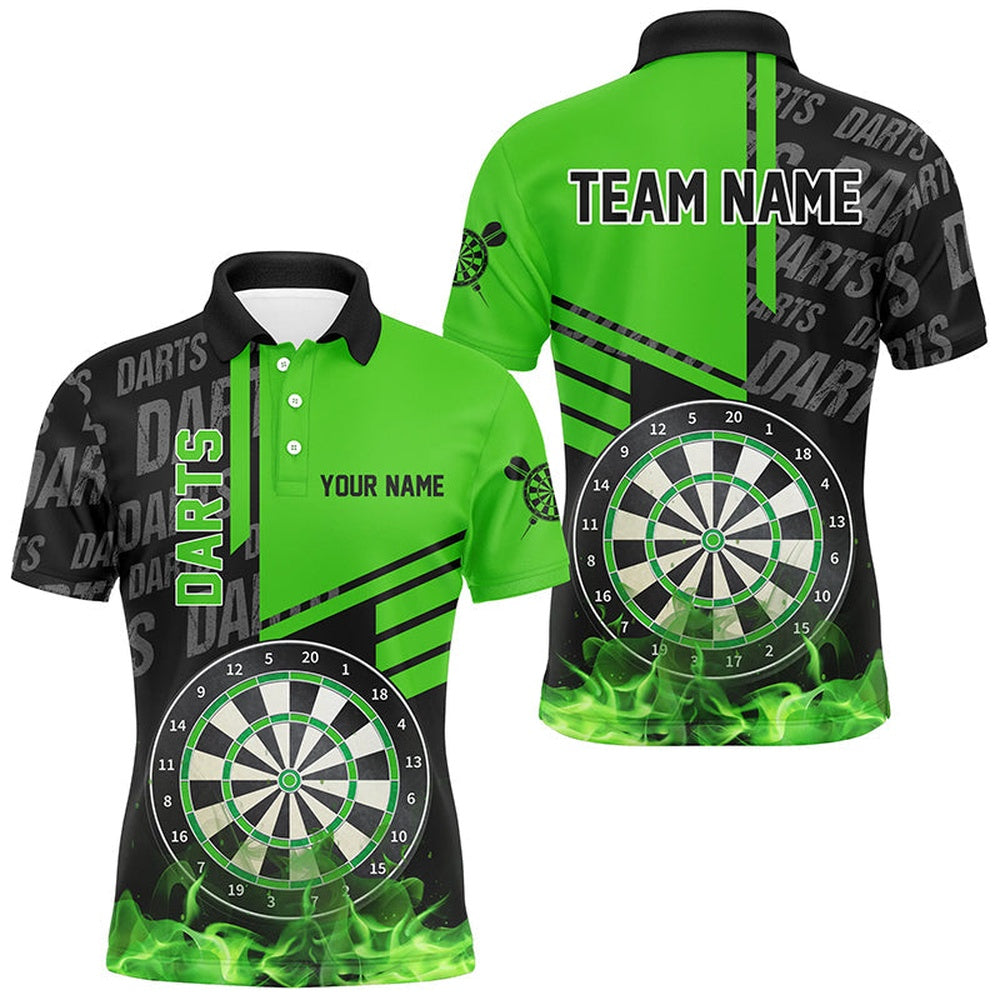 Black And Green Fire Darts Shirts For Men Custom Darts League Team Polo Darts Polo, Darts Team Polo Shirt