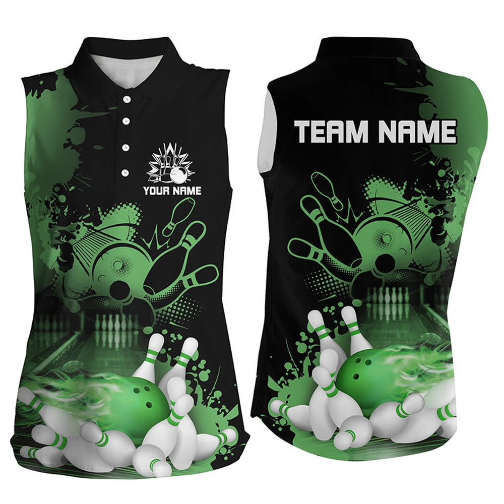 Black And Green Flame Bowling Sleeveless Polo Shirt Custom Bowling Team League Polo, Gift For Bowler, Women Bowling Shirts