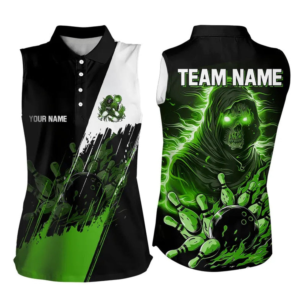 Black And Green Skull Reaper Bowling Polo Sleeveless Polo Shirt Custom Bowling Team Shirts, Women Bowling Shirts