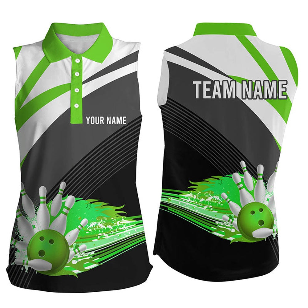 Black And Green Women's Sleeveless Polo Shirt Custom Flame Bowling Ball Fire Team Ladies Bowler Polo, Women Bowling Shirts