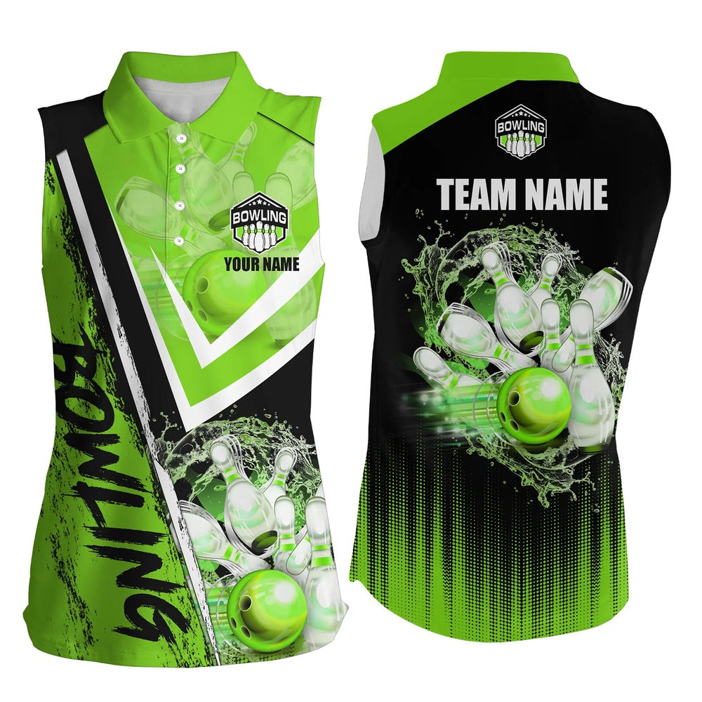 Black And Green Womens Bowling Sleeveless Polo Shirts Custom Team Bowling Polo Bowling Outfits, Women Bowling Shirts