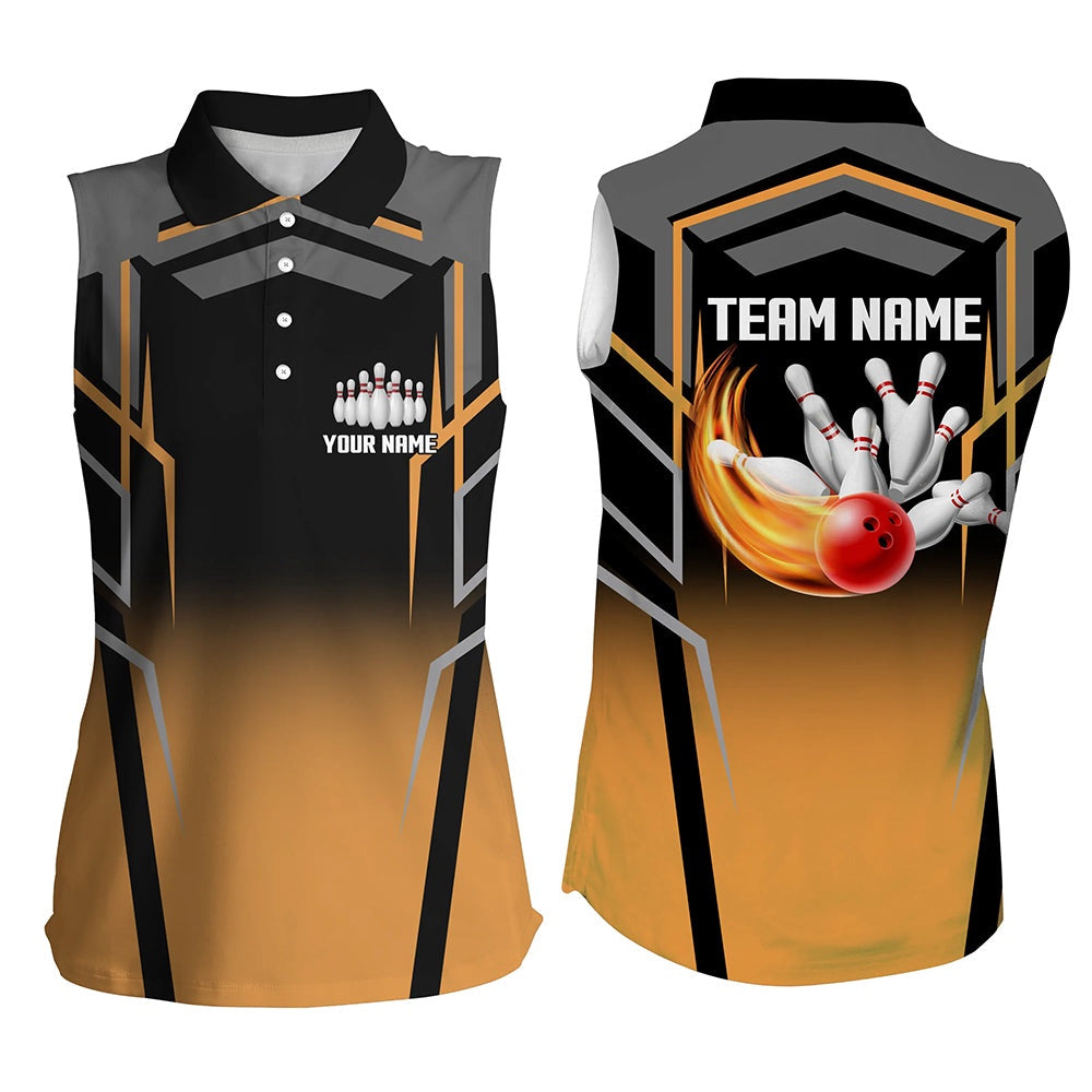 Black And Orange Bowling Sleeveless Polo Shirts For Women, Custom Bowling Polo For Team Bowlers, Women Bowling Shirts