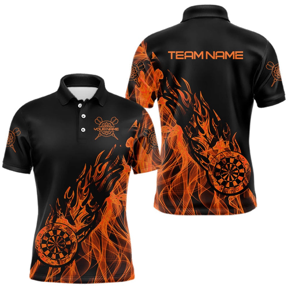 Black And Orange Fire Flame Darts Polo Custom Dart Shirt For Men Dart Polo, Darts Team Polo Shirt