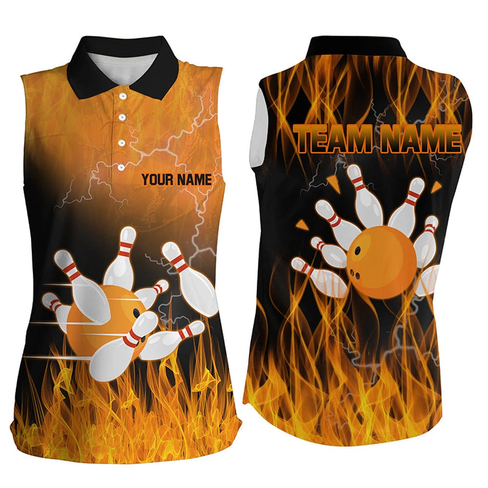 Black And Orange Flame Bowling Sleeveless Polo Shirt For Women Custom Team Bowling Polo With Name, Women Bowling Shirts