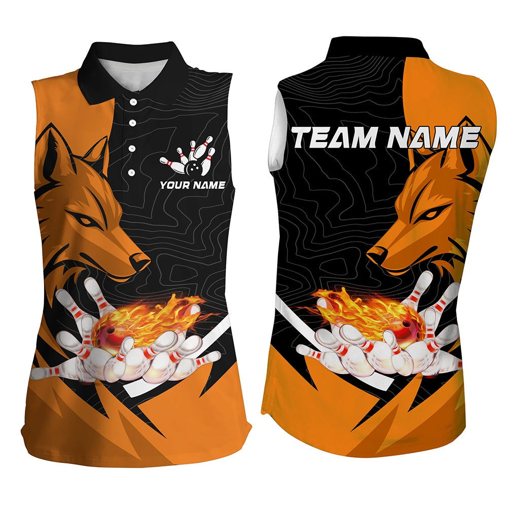 Black And Orange Flame Bowling Sleeveless Polo Shirts For Women Custom Wolf Bowling Team League Polo, Women Bowling Shirts