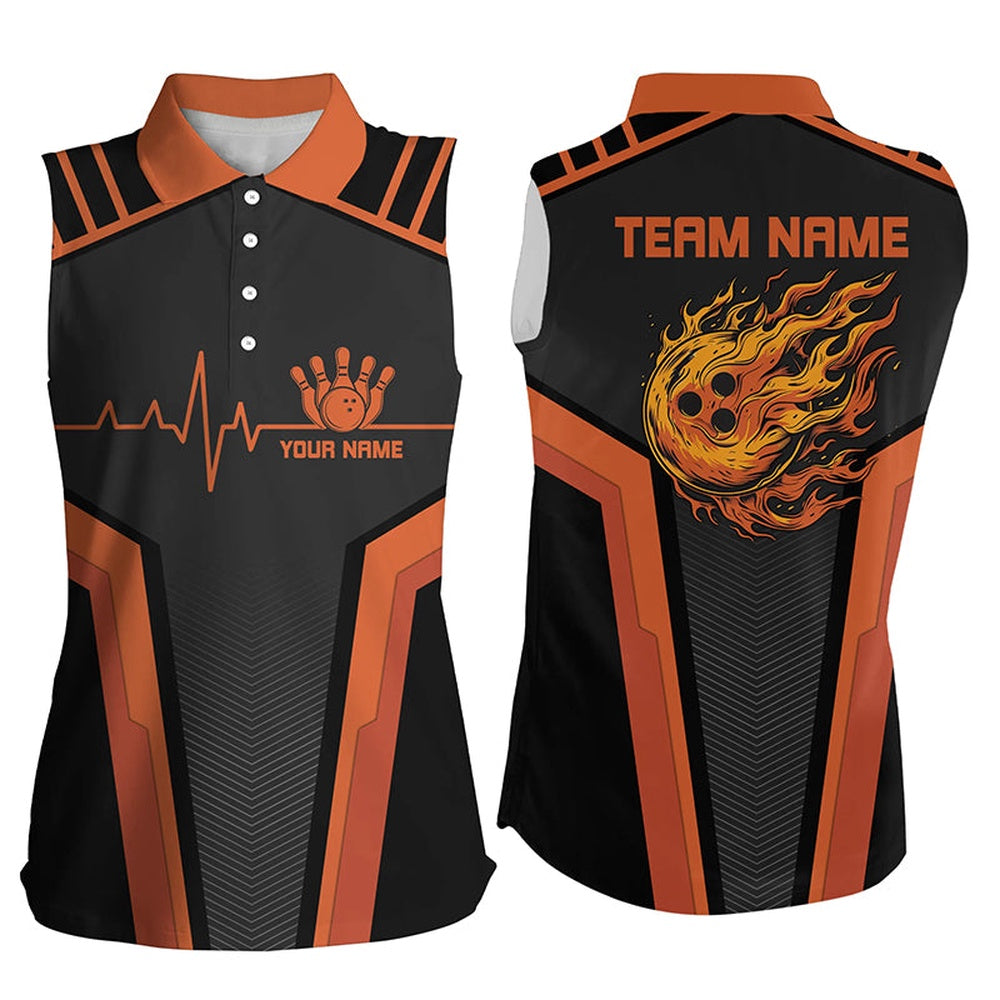 Black And Orange Flame Bowling Womens Sleeveless Polos Custom Bowling Ball Pins Heartbeat Team Shirts, Women Bowling Shirts