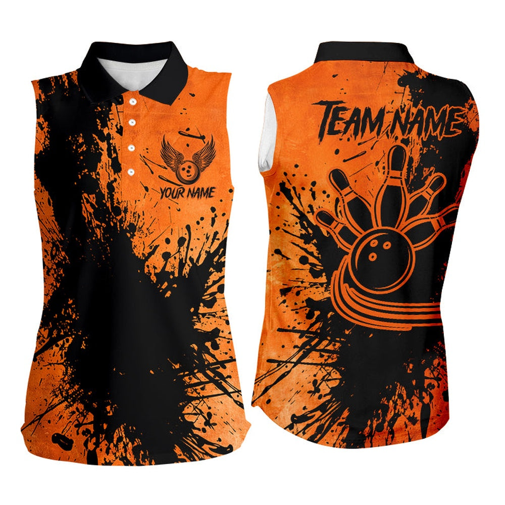 Black And Orange Women Sleeveless Polo Shirt Custom Halloween Bowling Team League Polo, Women Bowling Shirts