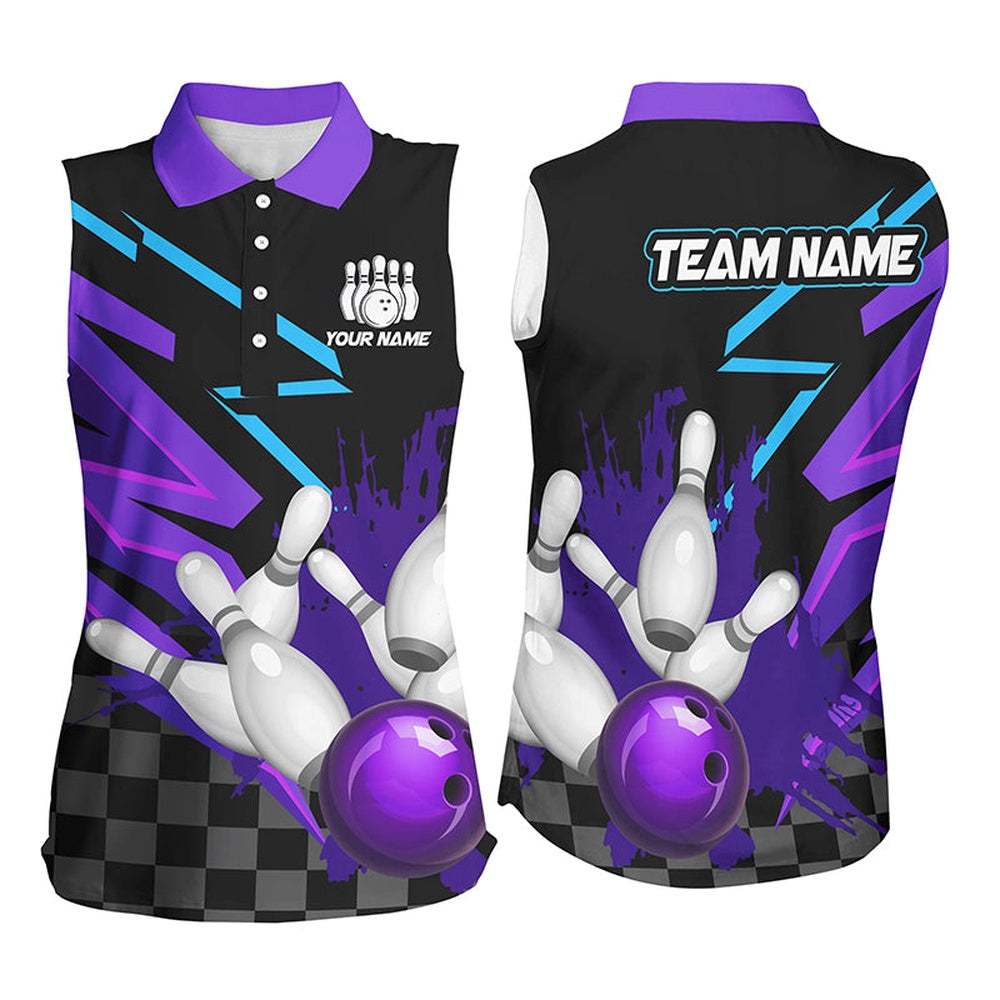 Black And Purple Women Bowling Sleeveless Polos Custom Team Bowling Polo, Women Bowling Outfits, Women Bowling Shirts