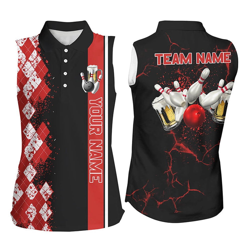 Black And Red Argyle Pattern Bowling Beer Custom Bowling Sleeveless Polo Shirts Bowling Team Polo, Women Bowling Shirts