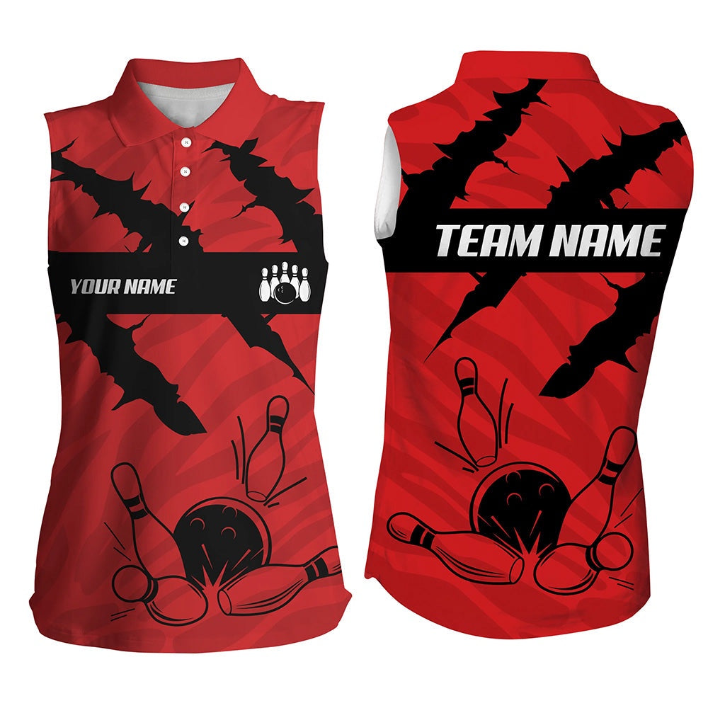 Black And Red Bowling Camo Women Sleeveless Polo Shirts Custom Team Bowling Polo, Gift For Bowlers, Women Bowling Shirts