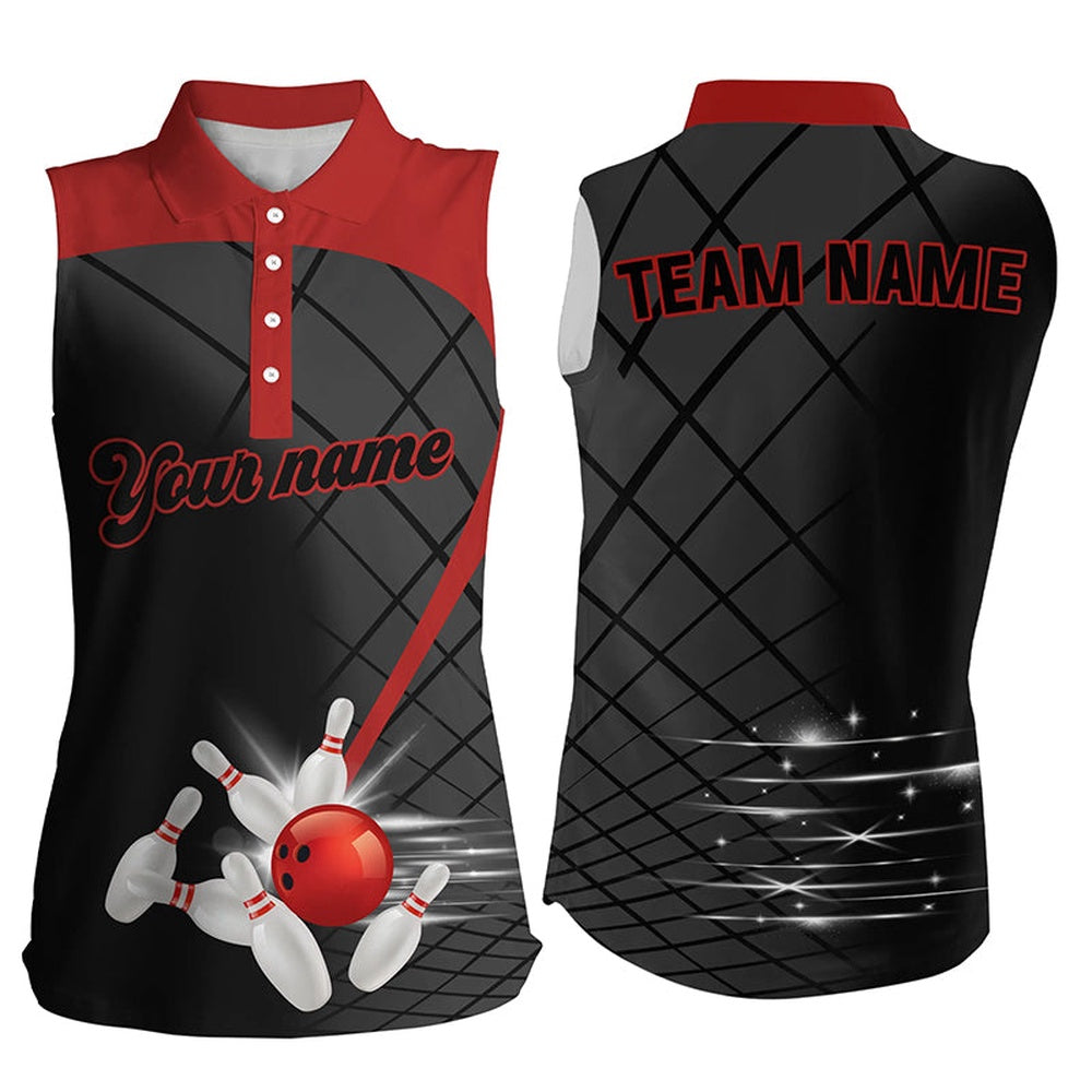 Black And Red Bowling League Polo Custom Women Bowling Sleeveless Polos Shirts, Gifts For Bowler, Women Bowling Shirts